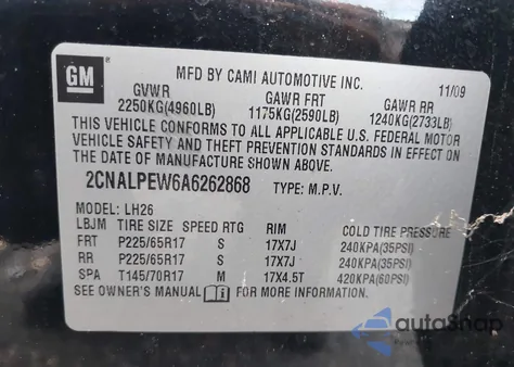 2010 Chevrolet Equinox Lt z USA, uszkodzony, nr VIN 2CNALPEW6A6262868